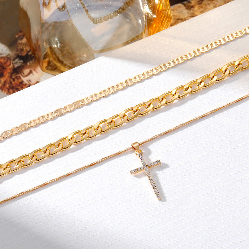(Stainless)Chic Elegance Layered Chain Necklace with Cross Pendant: Fashion Meets Faith
