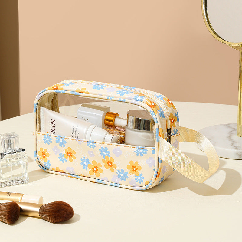 Yellow Floral Cosmetic Bags, PU Leather Clear Makeup Bag Travel Makeup Bag