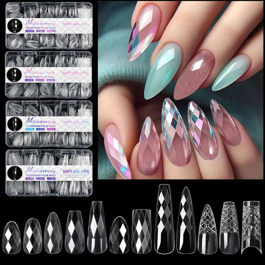 12 Different 3D Diamond Shape Designs Almond Nail Tips 120/140pcs Medium Nail Tips 14 Sizes Almond Shape Full Cover Acrylic Nails Clear Fake Nails for Nail Extension