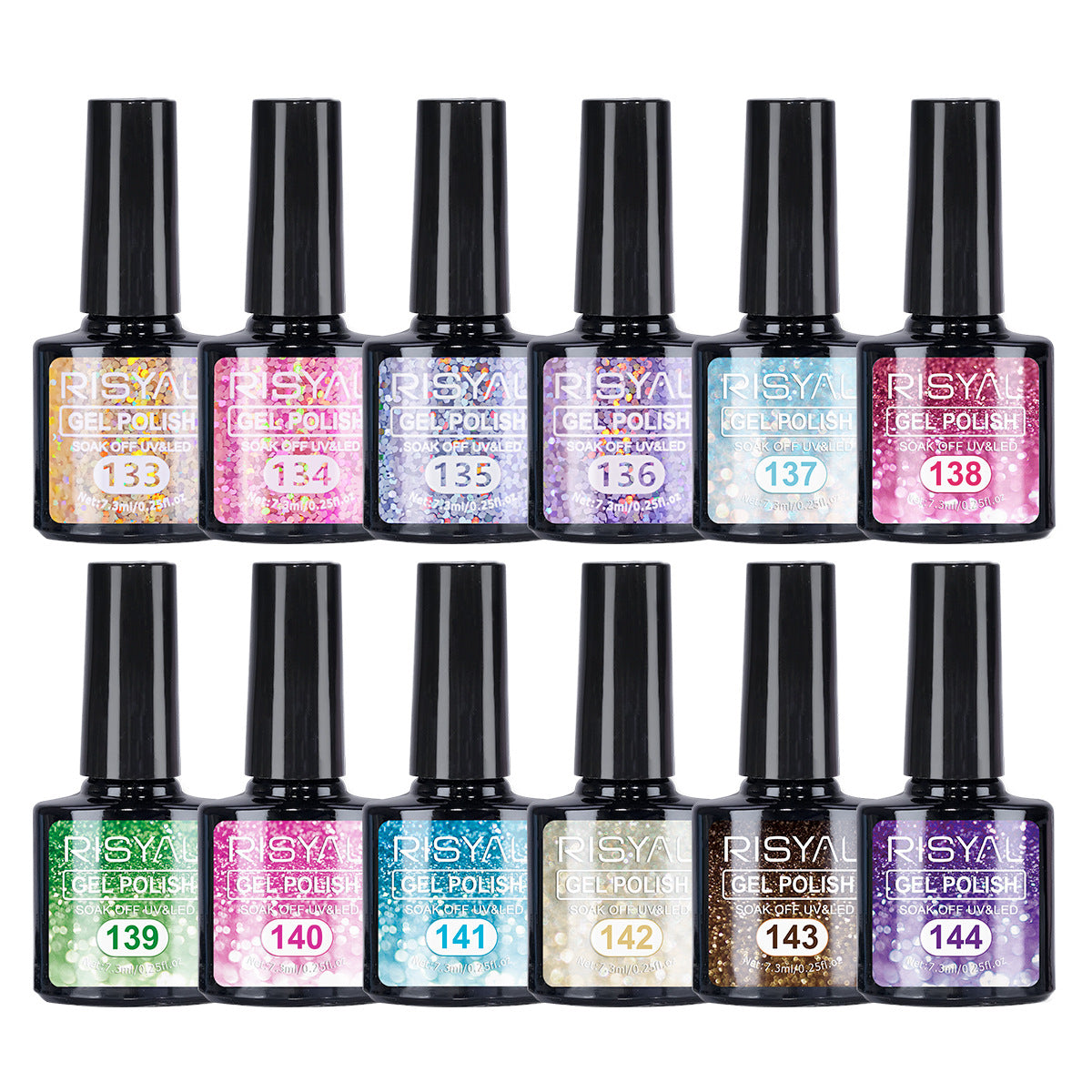 7.3ml Reflective Glitter Gel Polish (12 different color), Sparkly Shiny Gel Nail Art Varnish Manicure Kit, Soak Off LED Lamp