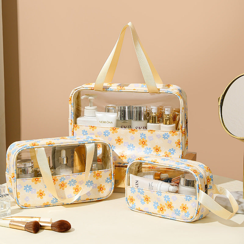 Yellow Floral Cosmetic Bags, PU Leather Clear Makeup Bag Travel Makeup Bag