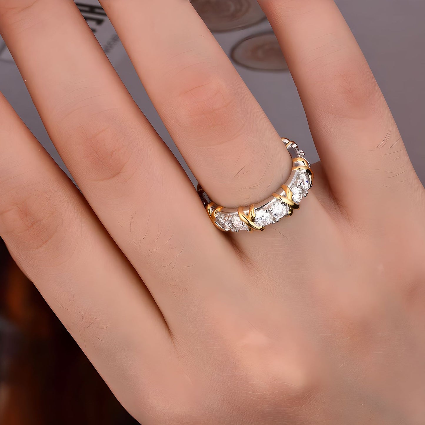 Exquisite Two-Tone Moissanite Ring with X-Cross Design