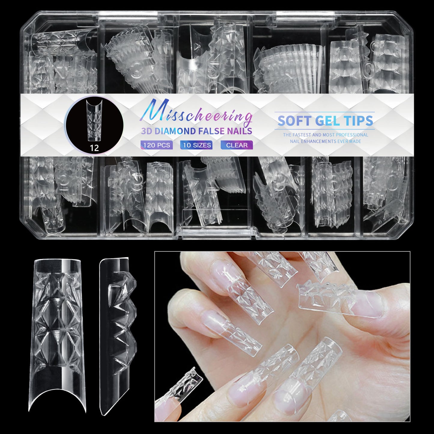 12 Different 3D Diamond Shape Designs Almond Nail Tips 120/140pcs Medium Nail Tips 14 Sizes Almond Shape Full Cover Acrylic Nails Clear Fake Nails for Nail Extension