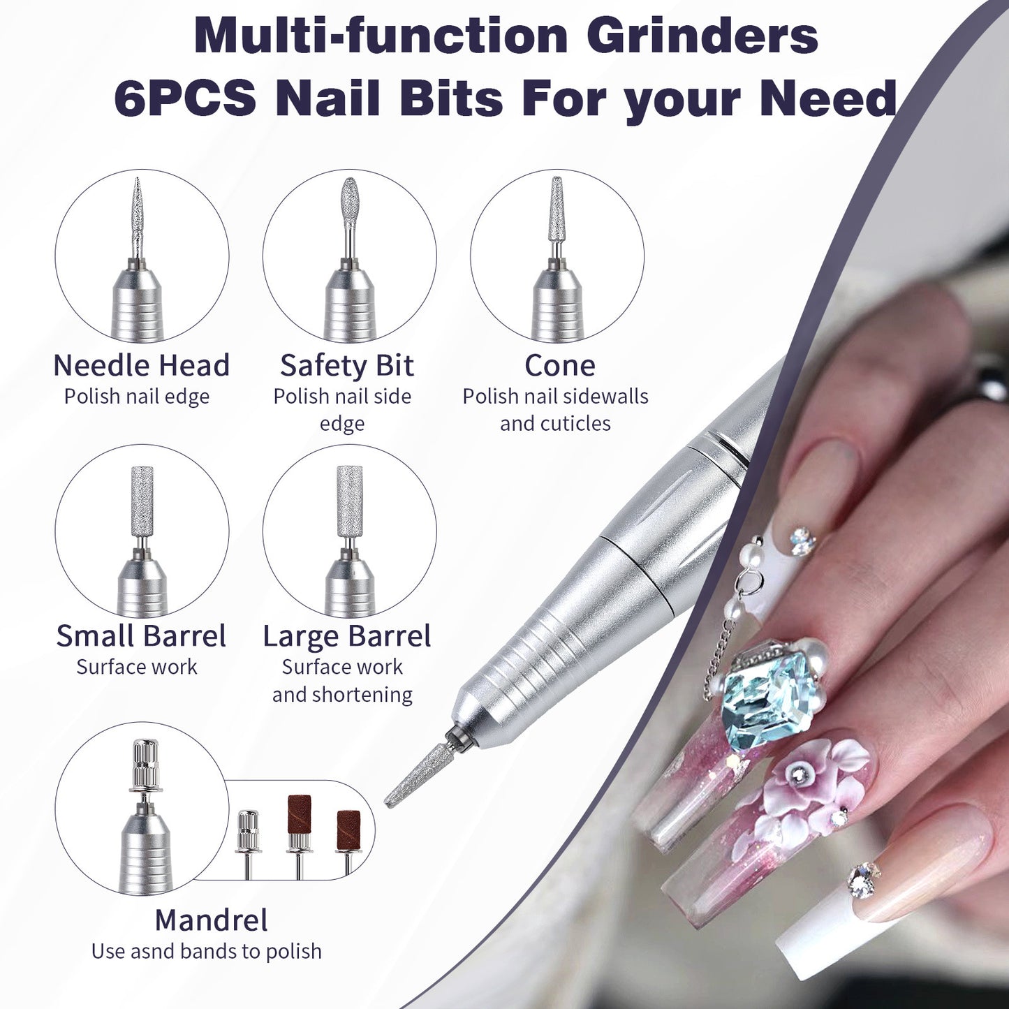 Portable Rechargeable Nail Drill 45000 RPM - Electric Nail File Efile Nail Drill Professional Manicure with 6PCS Nail Drill Bits