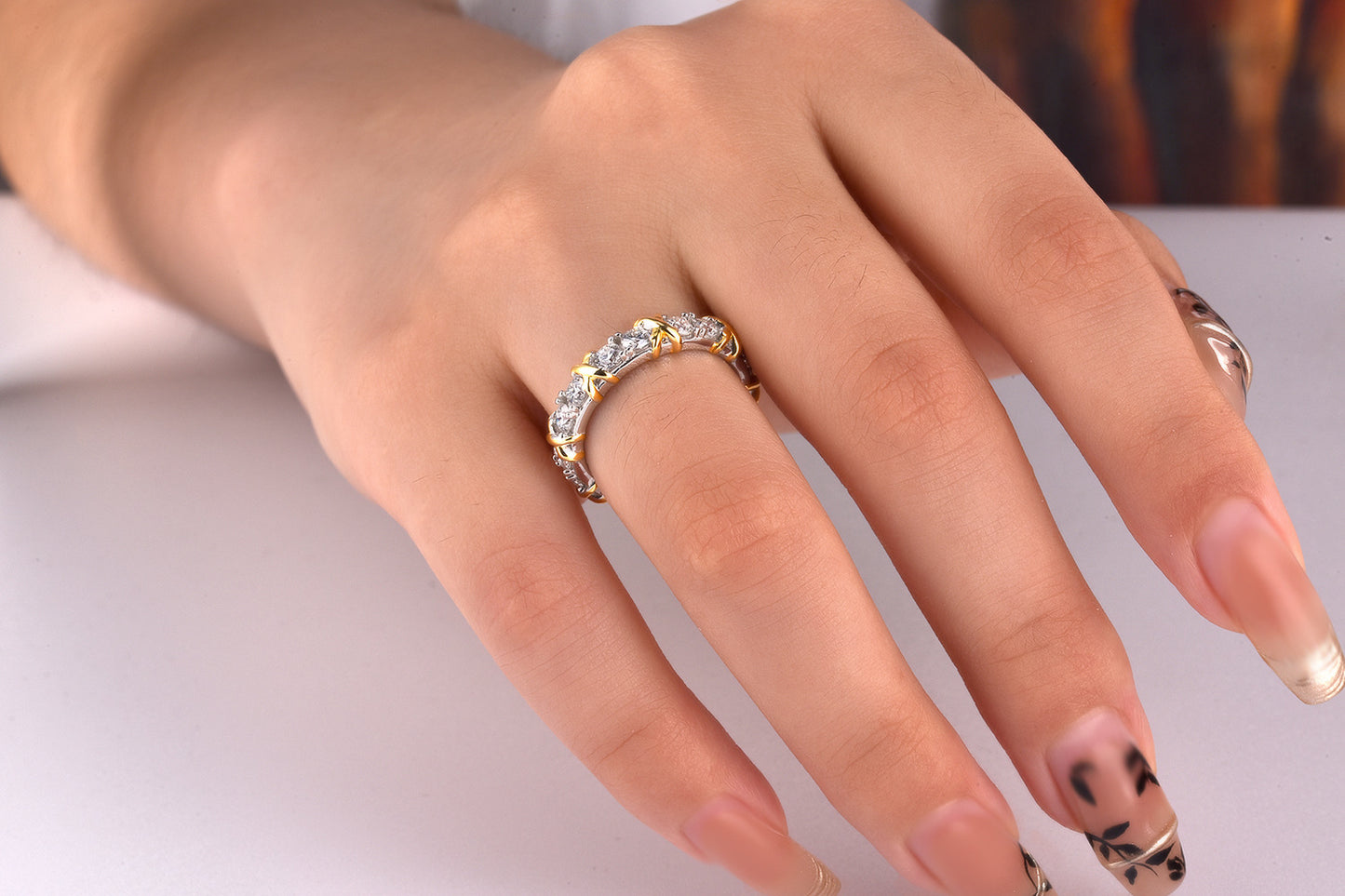 Exquisite Two-Tone Moissanite Ring with X-Cross Design