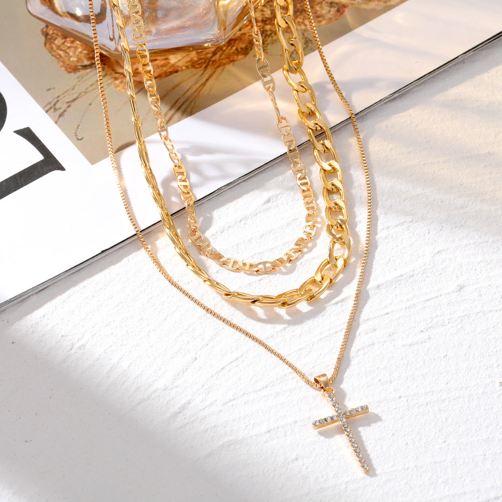 (Stainless)Chic Elegance Layered Chain Necklace with Cross Pendant: Fashion Meets Faith