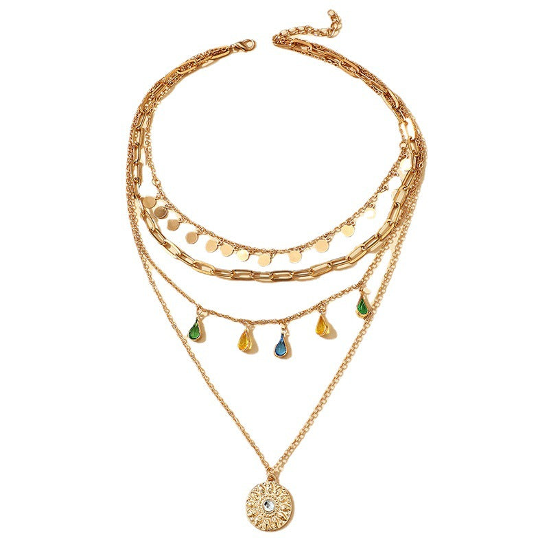 (Stainless)Boho Multi-Layered Gold Alloy Necklaces with Teardrop Charms and Sun Medallion