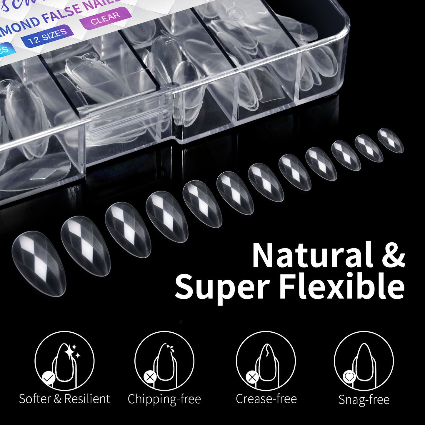 12 Different 3D Diamond Shape Designs Almond Nail Tips 120/140pcs Medium Nail Tips 14 Sizes Almond Shape Full Cover Acrylic Nails Clear Fake Nails for Nail Extension